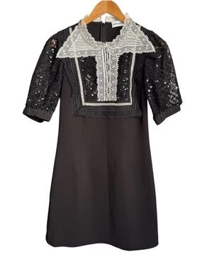 Self-Portrait Black Crepe Mini Dress Lace Bib Embellished Contrast Collar Size 4